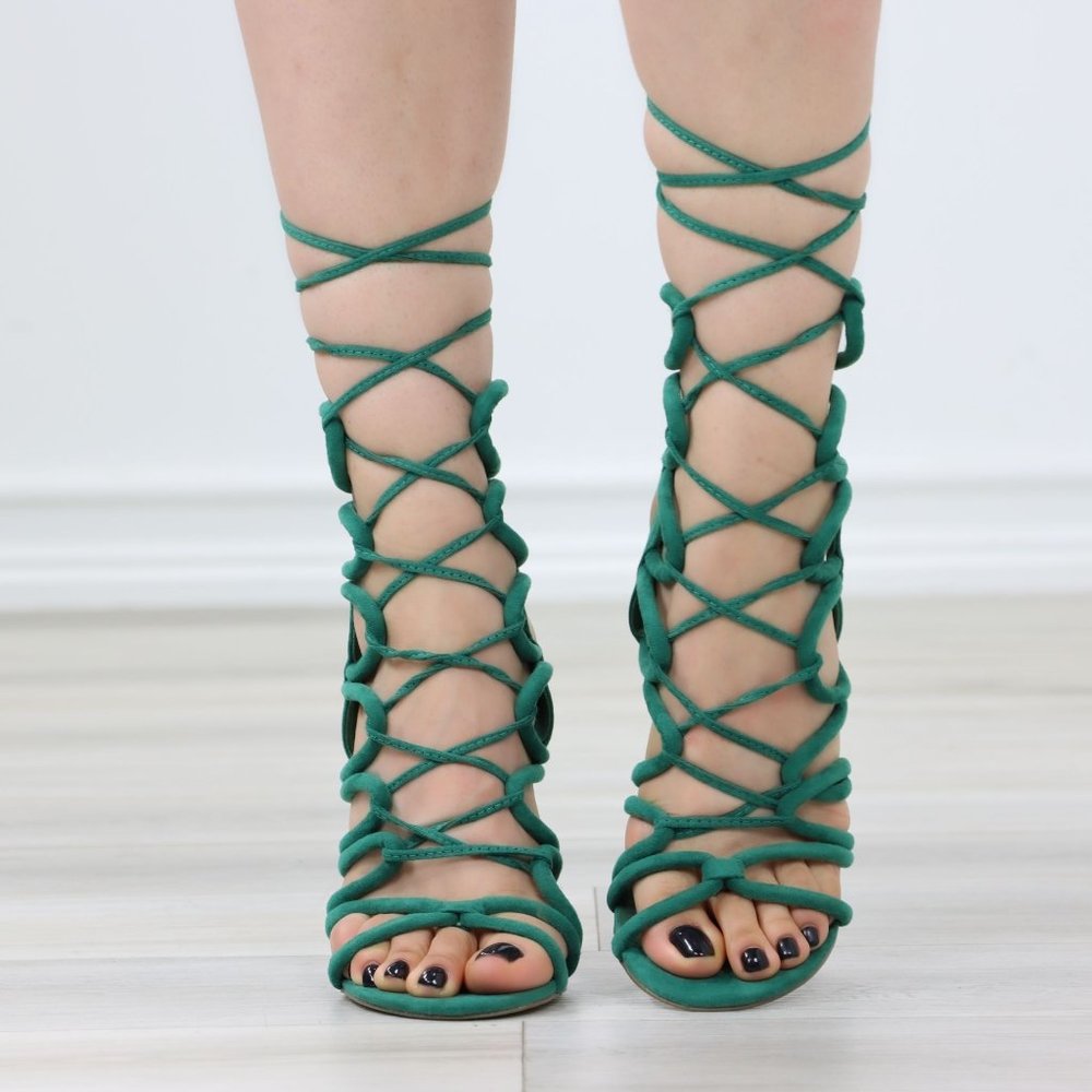 Strappy Emerald Green Faux Suede High Heels Lace up Sandals - Picture 10 of 11